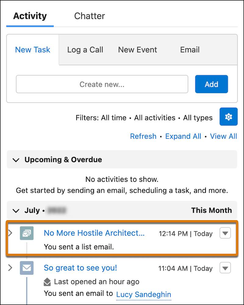 A list email in the Activity timeline