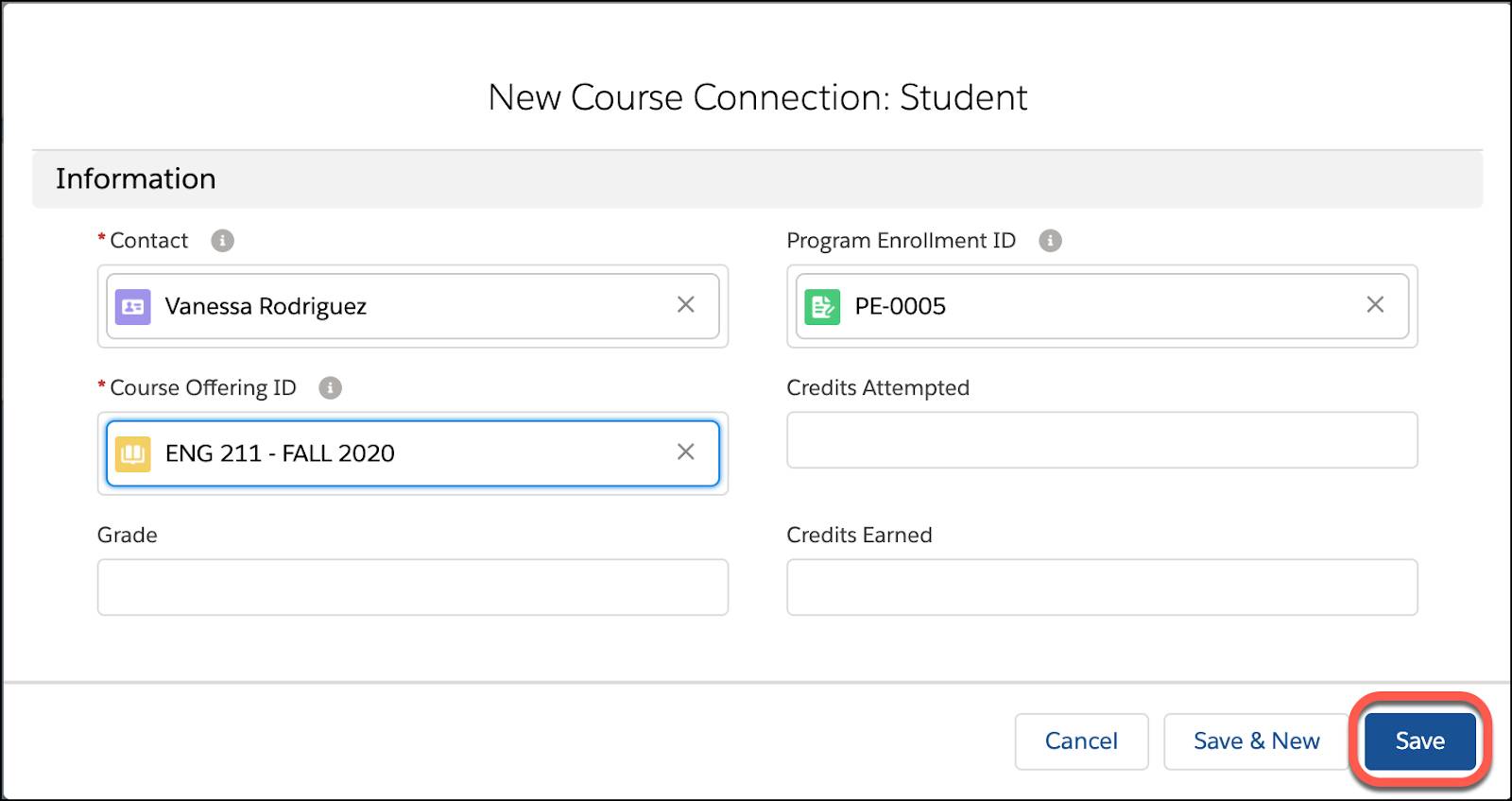 New Course Connection record