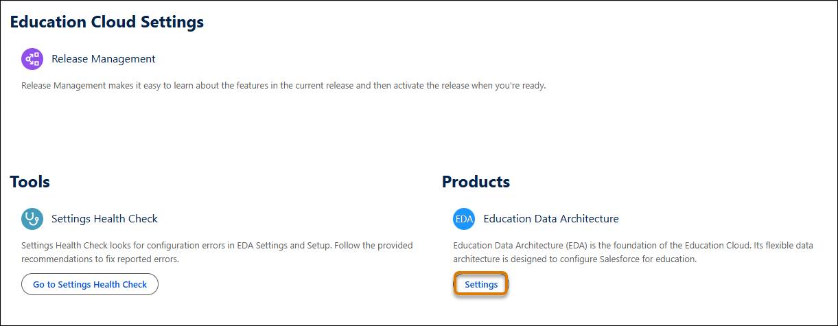 Vaya a la configuración de EDA desde la configuración de Education Cloud.