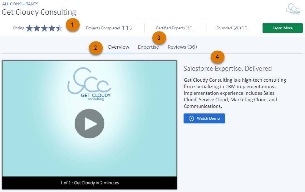The overview page for Get Cloudy’s consultant listing on AgentExchange with callouts on the summary bar, and the overview, expertise, and reviews tabs