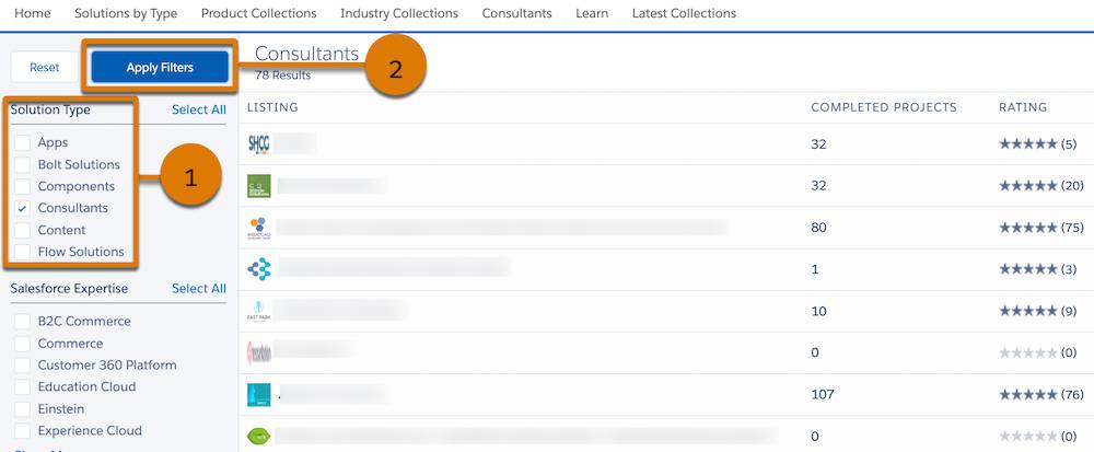The search results page on AgentExchange with highlights around Solution Type filters and Apply Filters button
