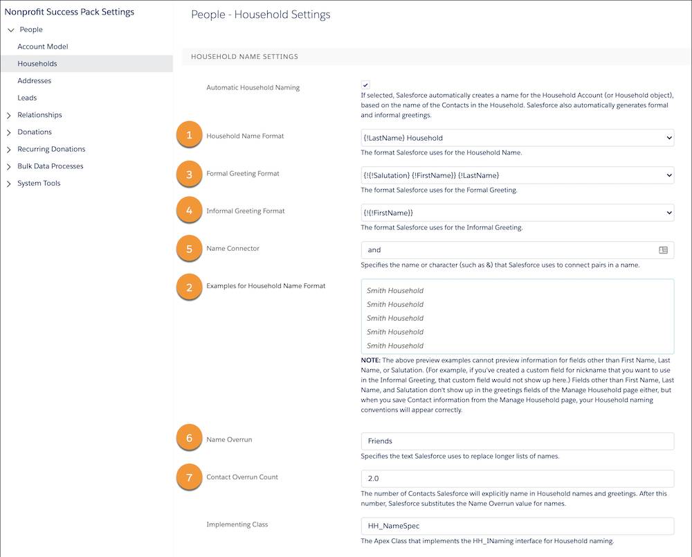 The elements on the Household Name Settings page.