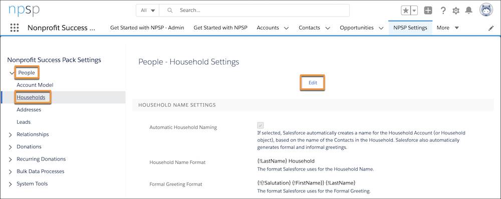 NPSP Household Settings page, highlighting Edit