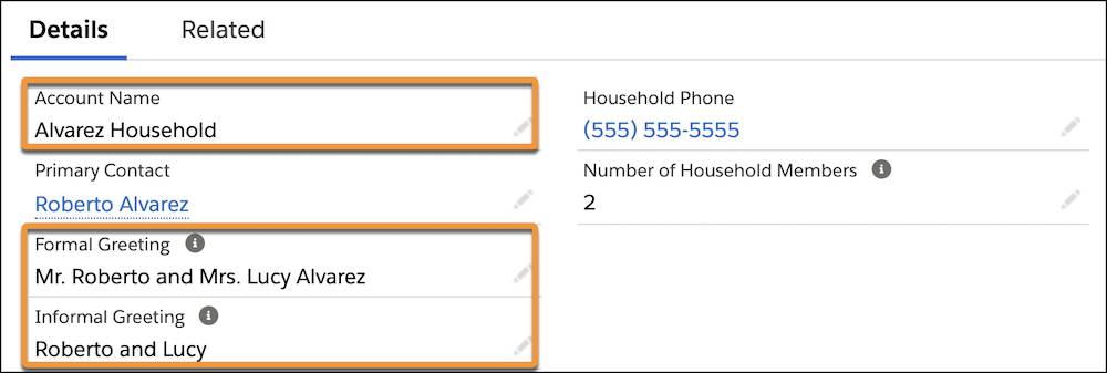 Account Details, highlighting Account Name, Formal Greeting, and Informal Greeting fields