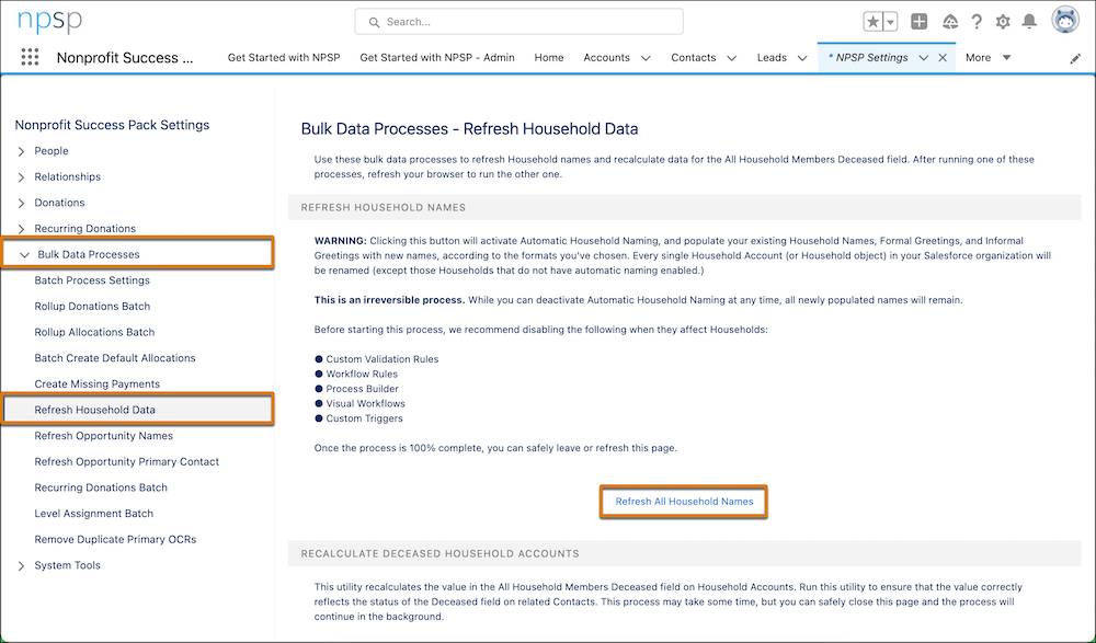 NPSP Settings, highlighting Refresh Household Names