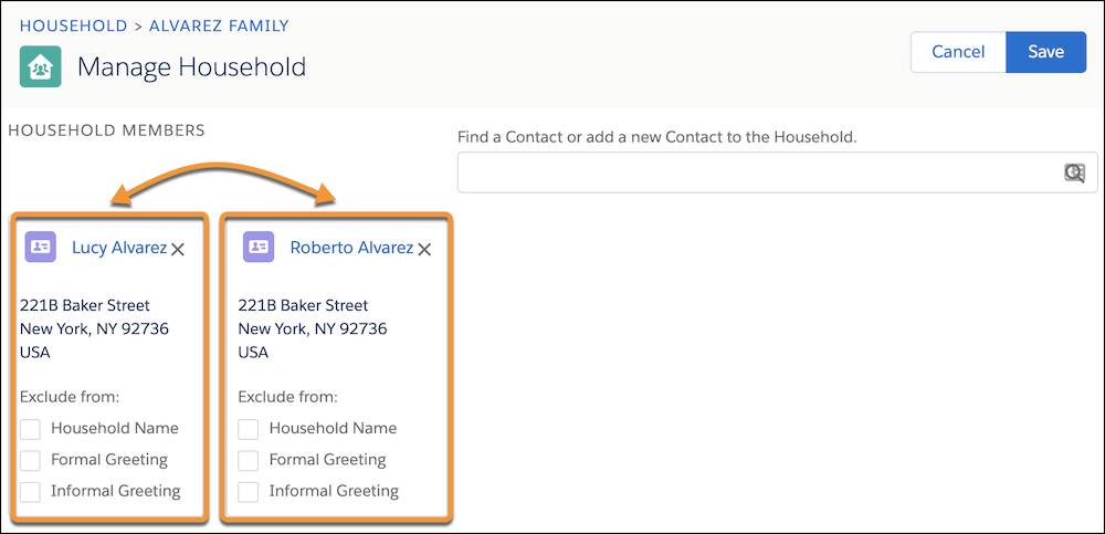 Manage Household editing page, highlighting movable contact cards
