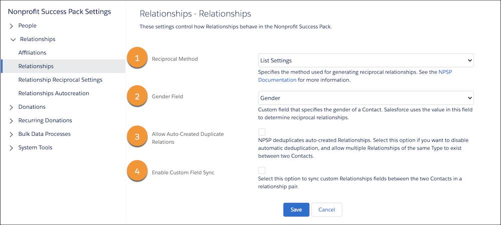 Le menu de configuration des relations
