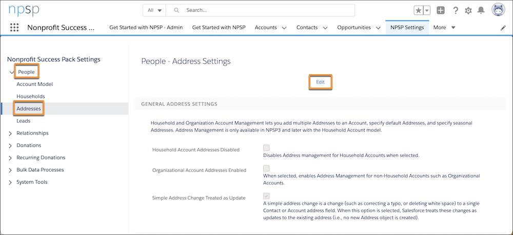 NPSP Settings on the Address Settings page