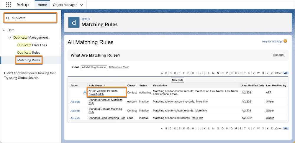 Duplicate Matching Rules settings page