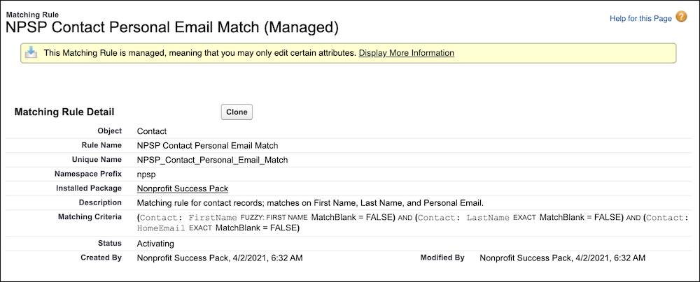 Abgleichsregel 'NPSP Contact Personal Email Match'