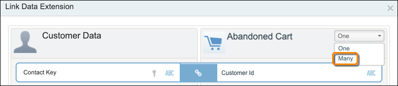 The Link Data Extension form. In the Abandoned Cart cardinality dropdown list, the list entry Many is selected.