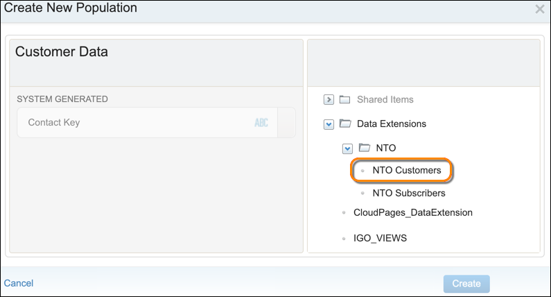 The Create New Population form with the NTO Customers data extension circled.