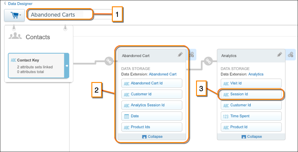 The Abandoned Carts attribute group in Data Designer with red circles around the group name, the Abandoned Cart attribute set, and the Session Id attribute.