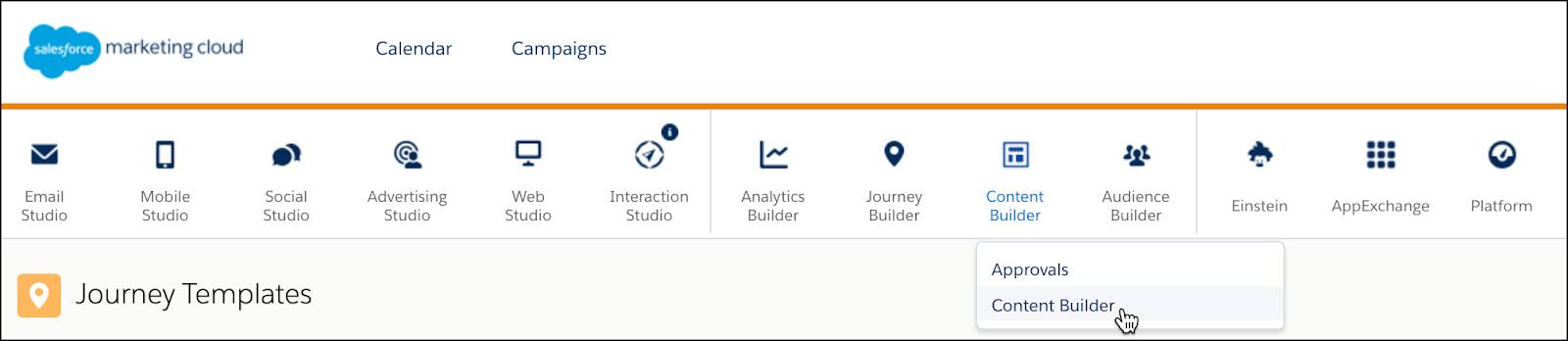 Menu de navigation Marketing Cloud Engagement.