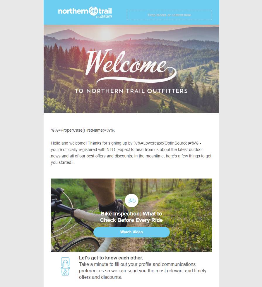 Le modèle pour Northern Trail Outfitters créé dans Content Builder.