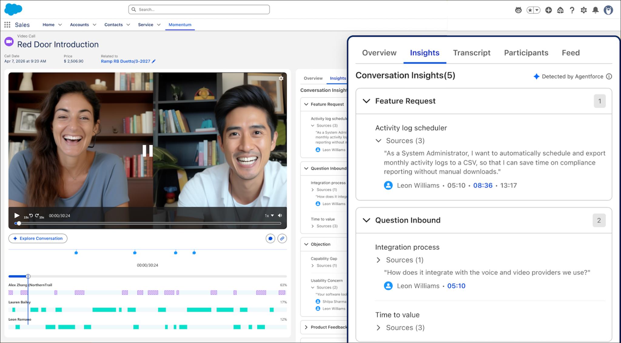 A Momentum call record showing a recorded video call alongside an Insights panel of Agentforce-detected conversation insights, with speaker timelines and timestamped sources.