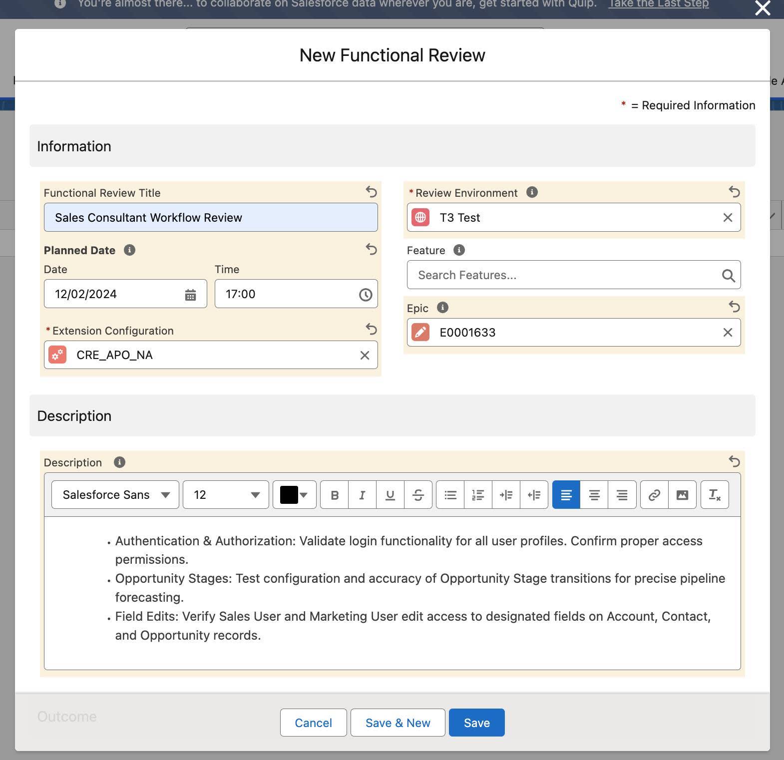 Screenshot of a new Functional Review.