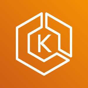 Amazon EKS icon depicting a hexagon with two sides sectioned off and the letter K in the middle against an orange background