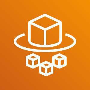 Fargate icon depicting a cube sitting on a circular pad with three smaller cubes below against an orange background