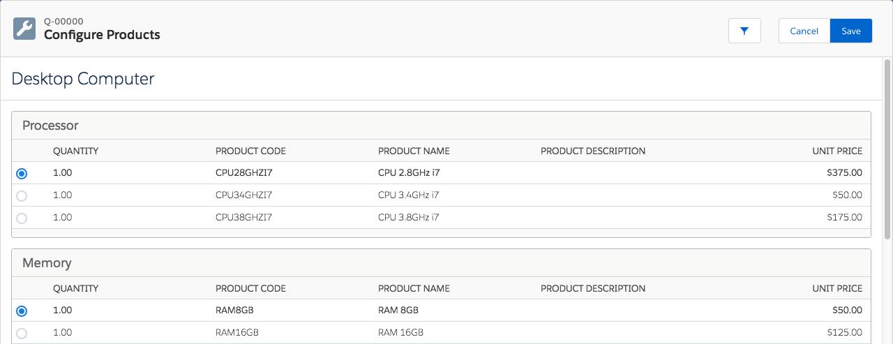 Configure Products page