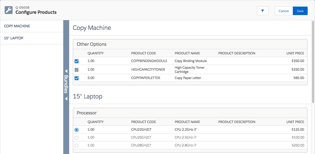 Configure Products page