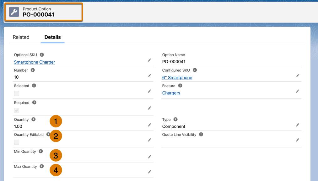 Product option window identifying Quantity, Quantity Editable, Min Quantity, and Max Quantity fields.