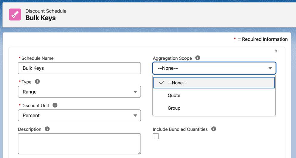 Edit window for Bulk Keys Discount Schedule displaying available Aggregation Scope settings None, Quote, and Group.
