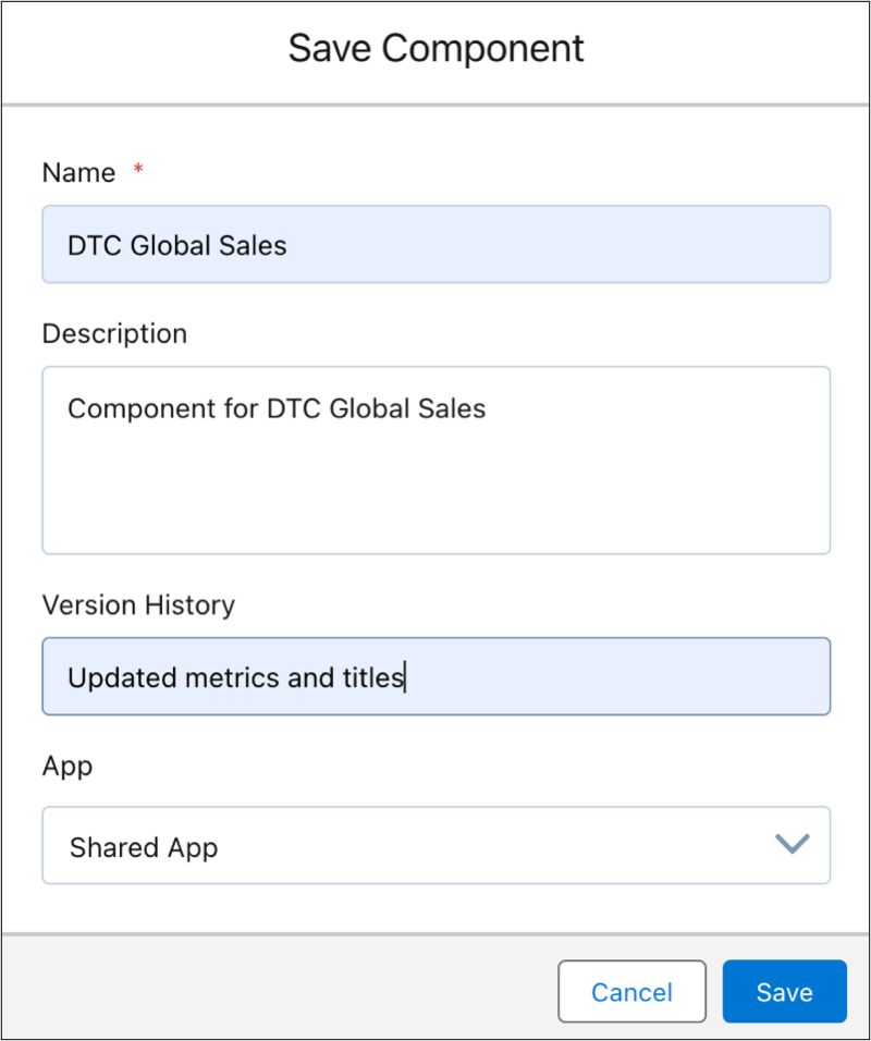 バージョン履歴項目に「Updated metrics and titles」(更新されたメトリクスとタイトル) という説明が保存されている DTC グローバルセールスの [Save Component (コンポーネントを保存)] ウィンドウ。