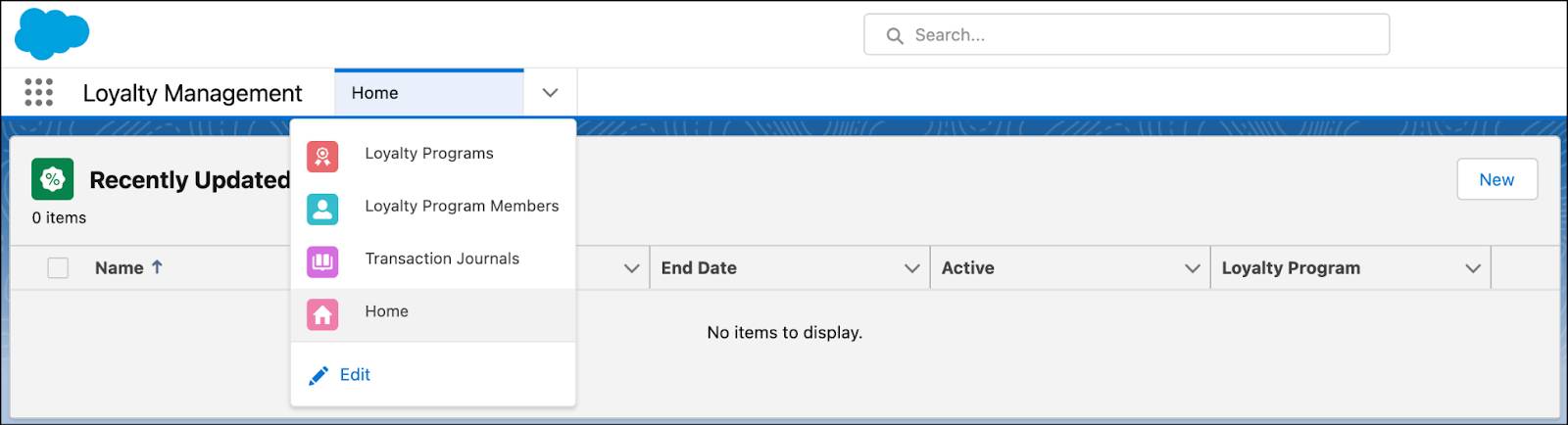 The Loyalty Management page showing the list of tabs.