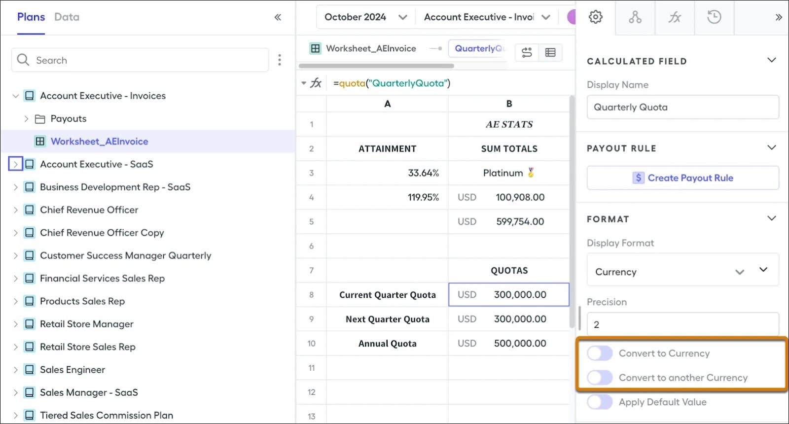 The Calculated Field pane with currency conversion settings.