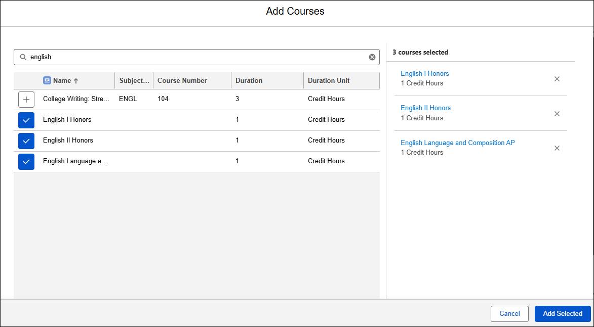 Add Courses screen in the Program Plan Builder.