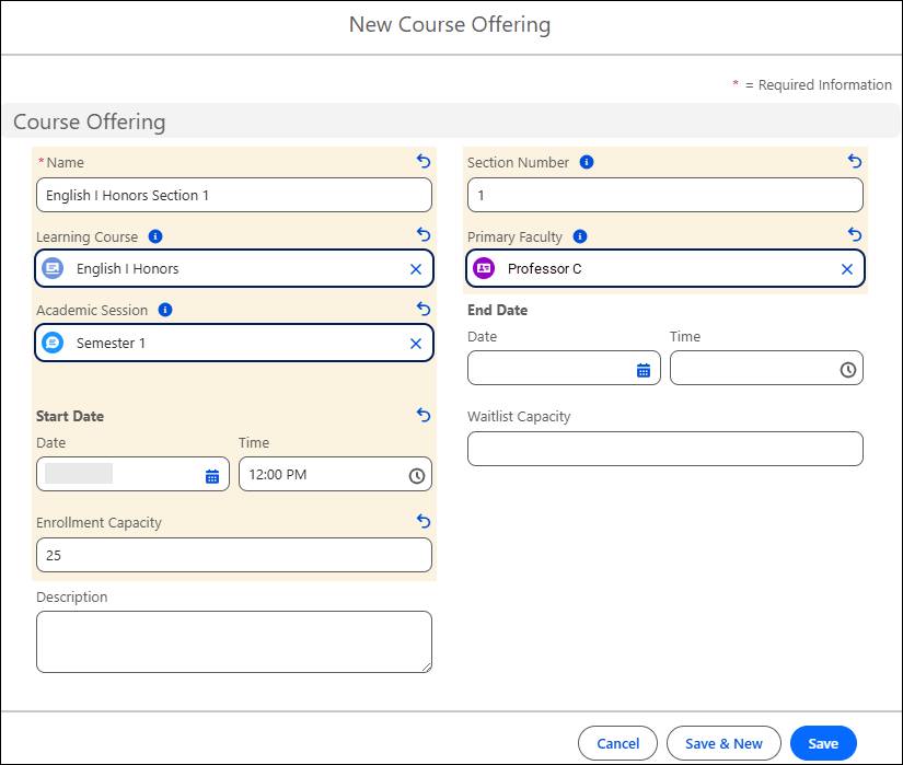 New Course Offering screen.