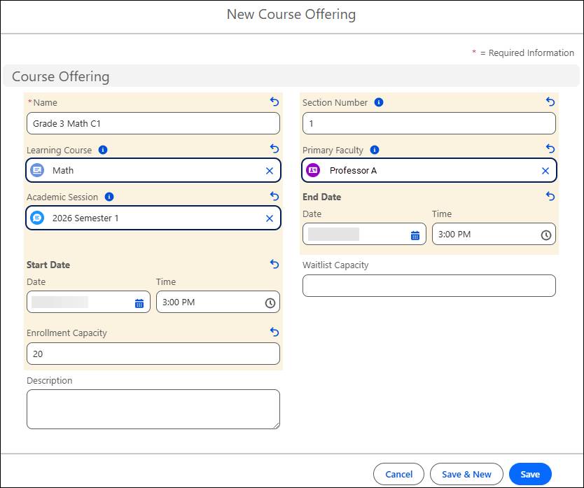 New Course Offering screen.