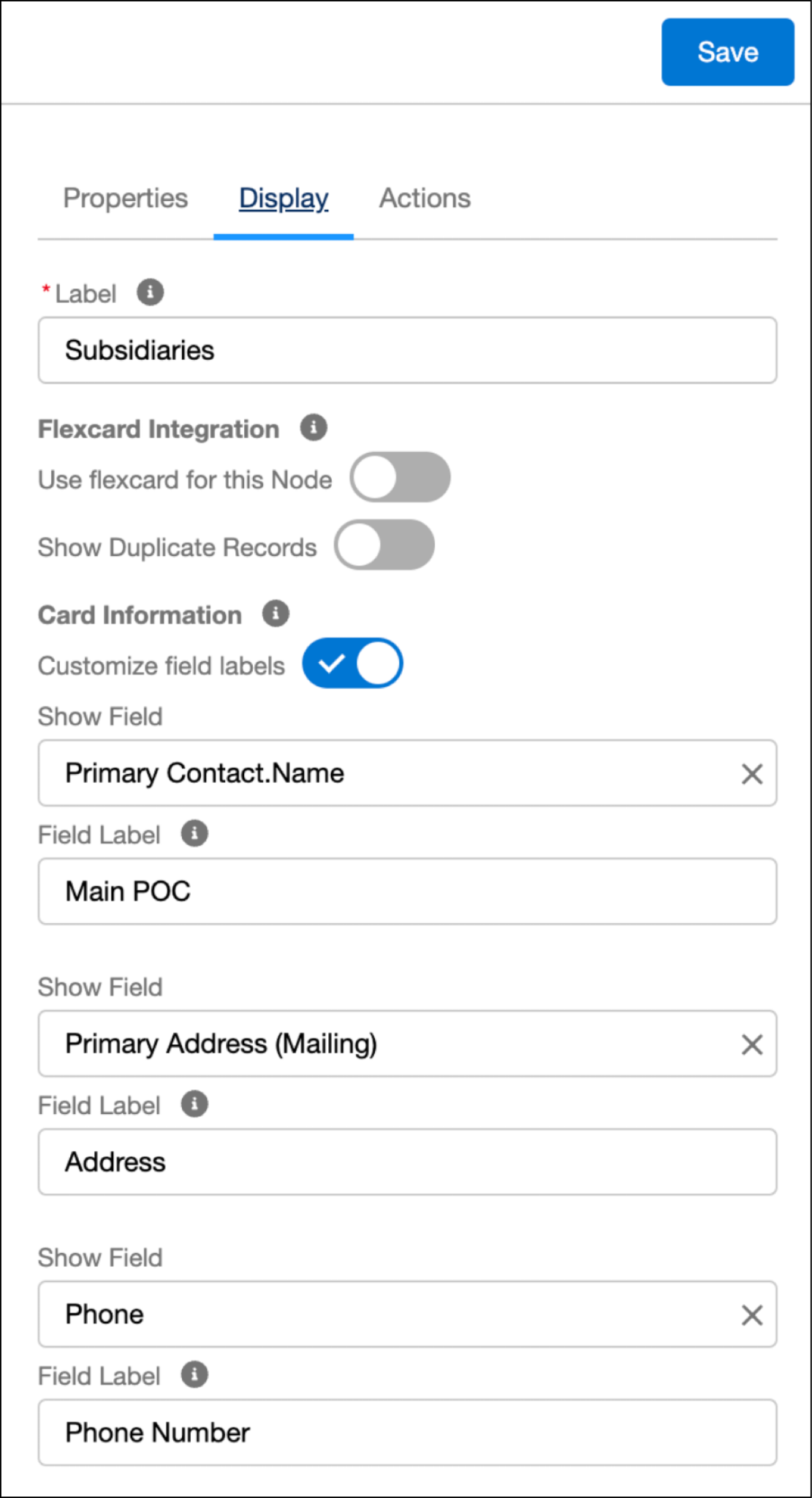 Customize subsidiaries node display on the Display tab.