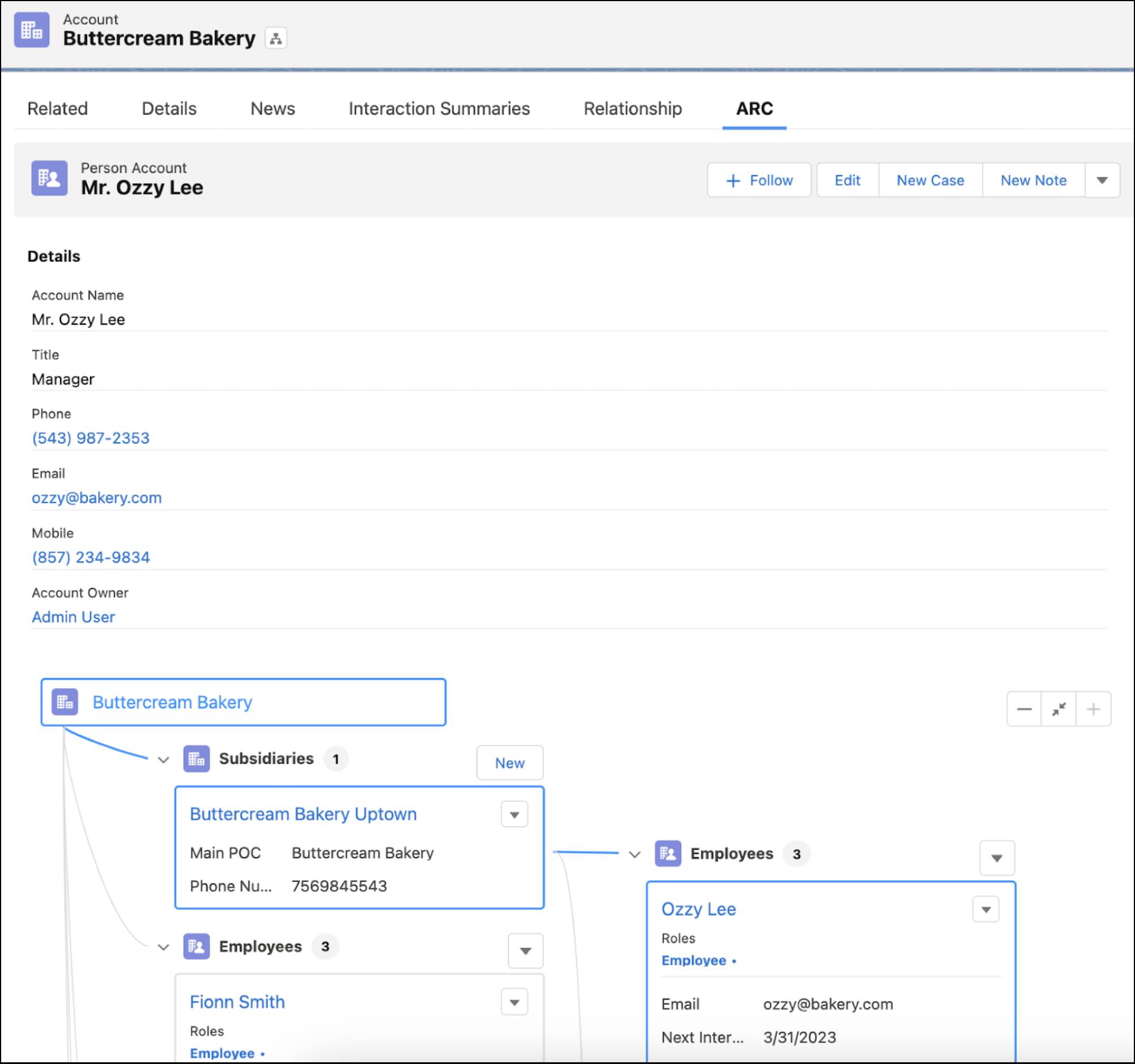 View Buttercream Bakery Account ARC graph includes Buttercream Bakery details and employees.