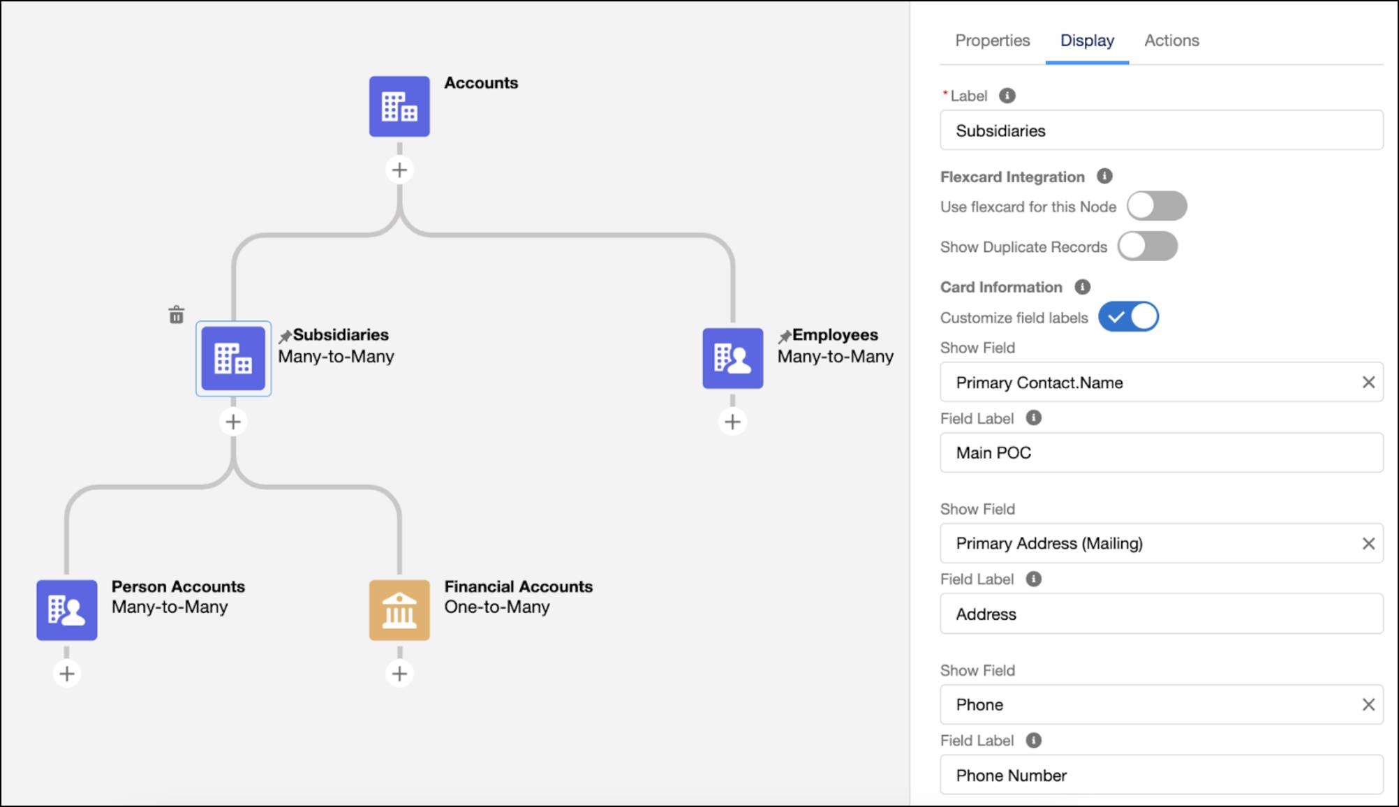 Actionable Relationship Center graph builder with ARC nodes and display tab properties.