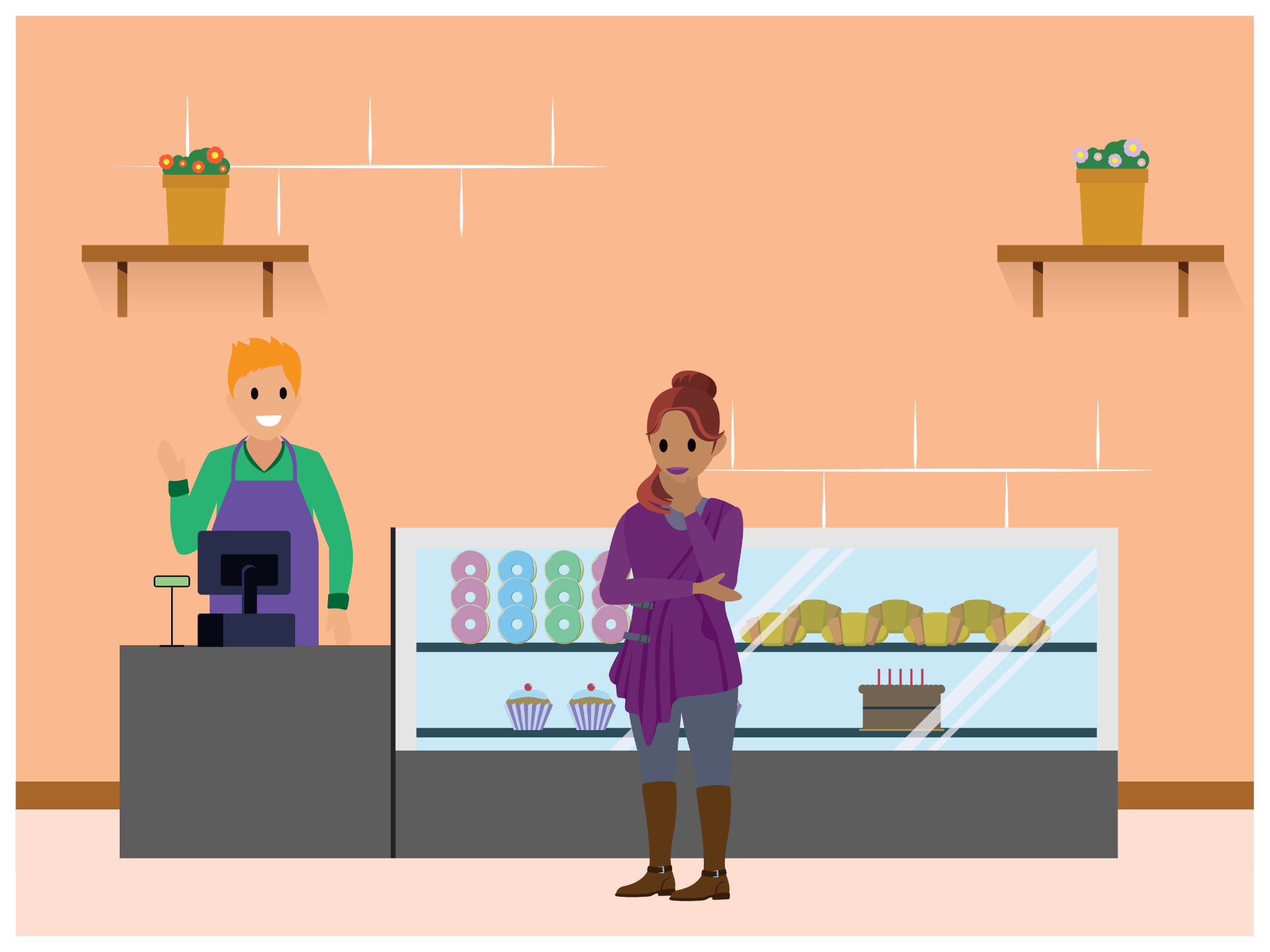 Buttercream Bakery shop front selling bakery items, showing the shop counter, bakery items, customer service, and a sales person.