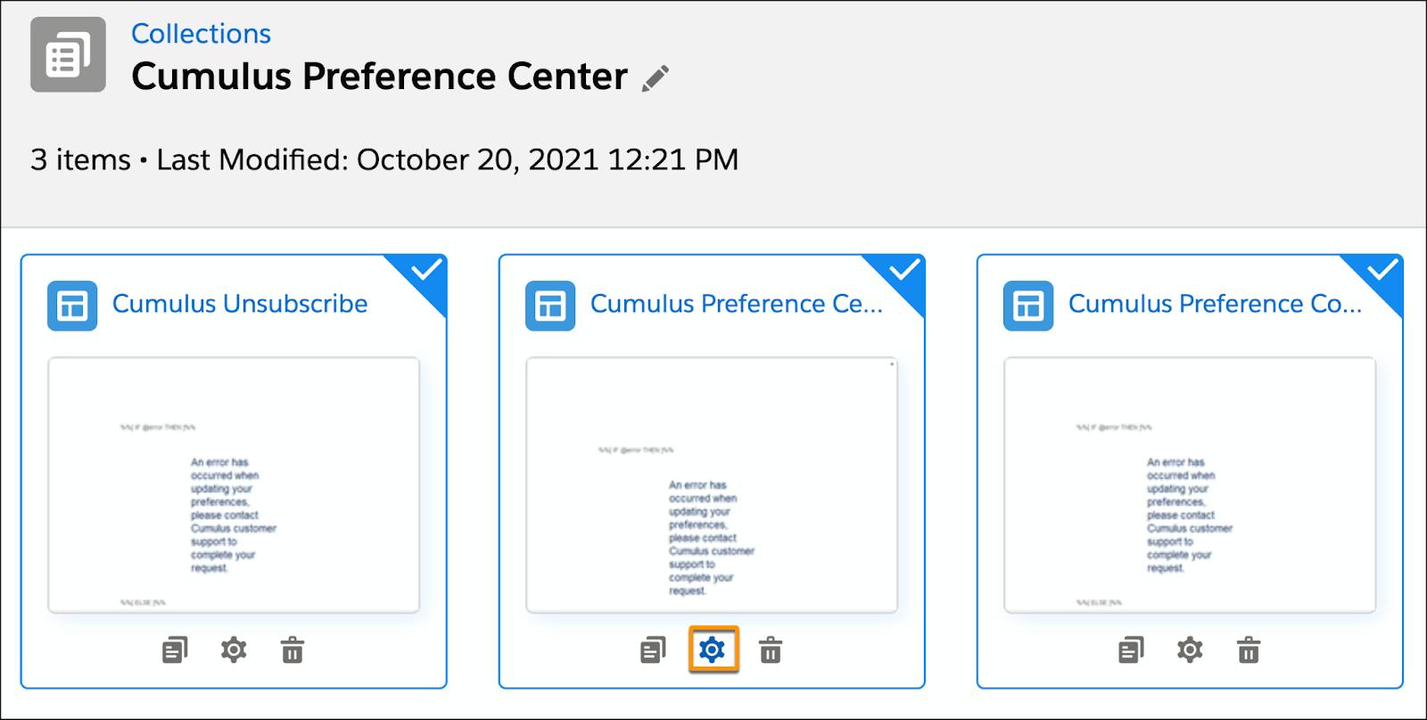 Gear icon circled from the Cumulus Preference Center collection.