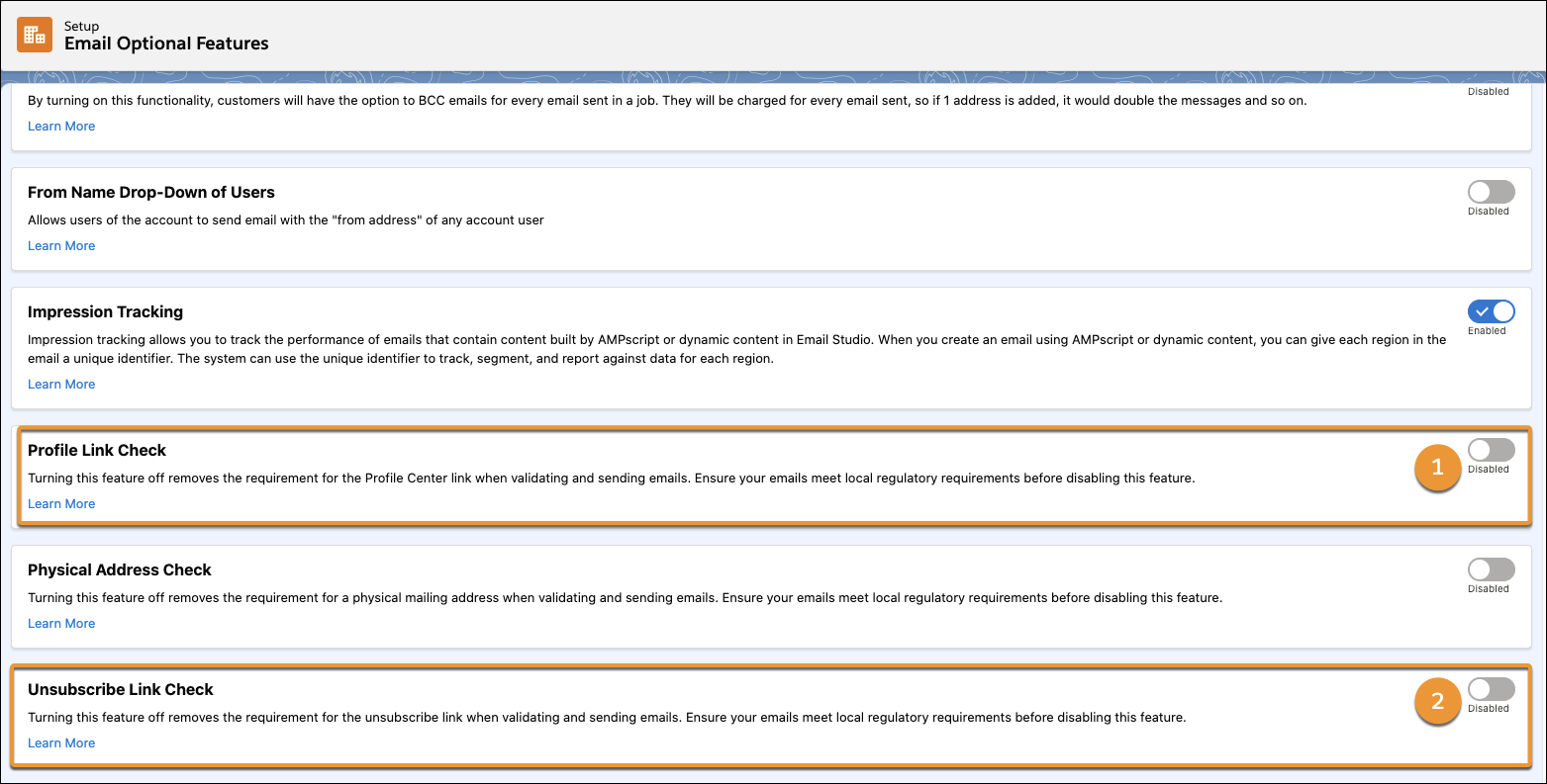 Email Optional Features page in Setup showing the Profile Link Check and Unsubscribe Link Check settings turned off.