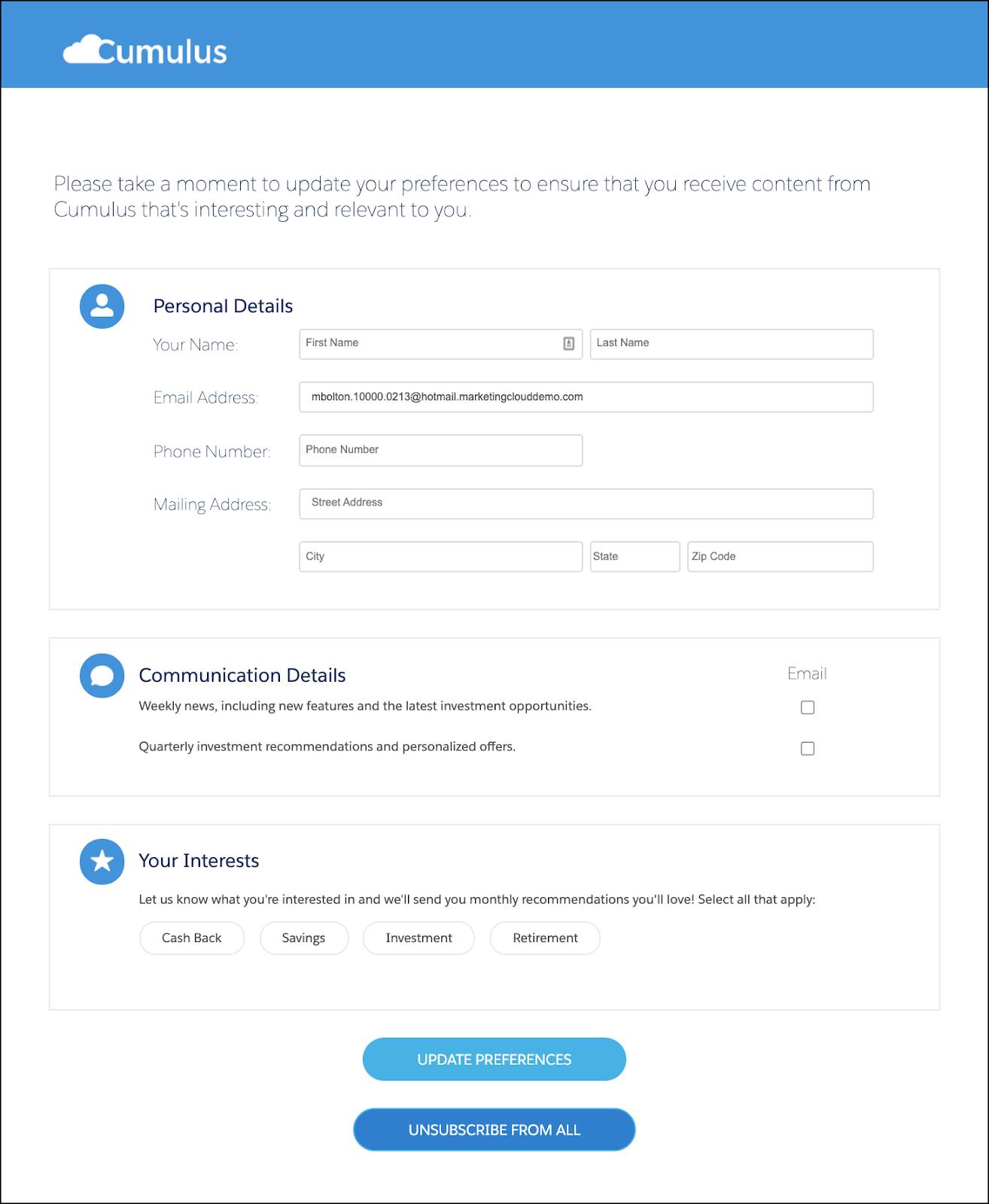 Sample preference center with sections for personal details, communication details, and interests.