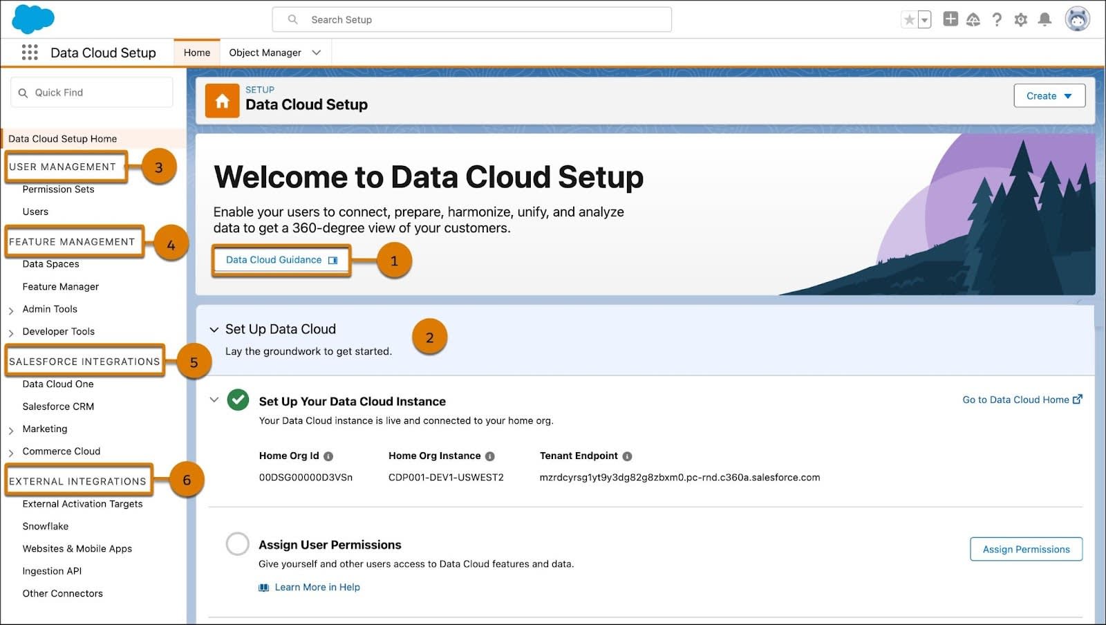 さまざまなセクションにコールアウトが付いている [Data Cloud Setup (Data Cloud 設定)] のホームページ。