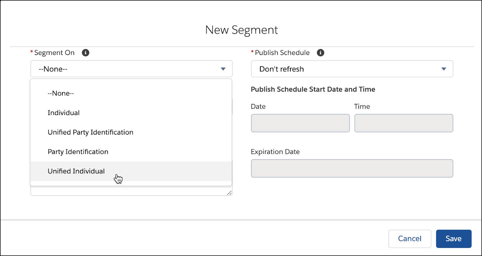 Segmentación nueva con la opción Segment On (Segmentación en) seleccionada.