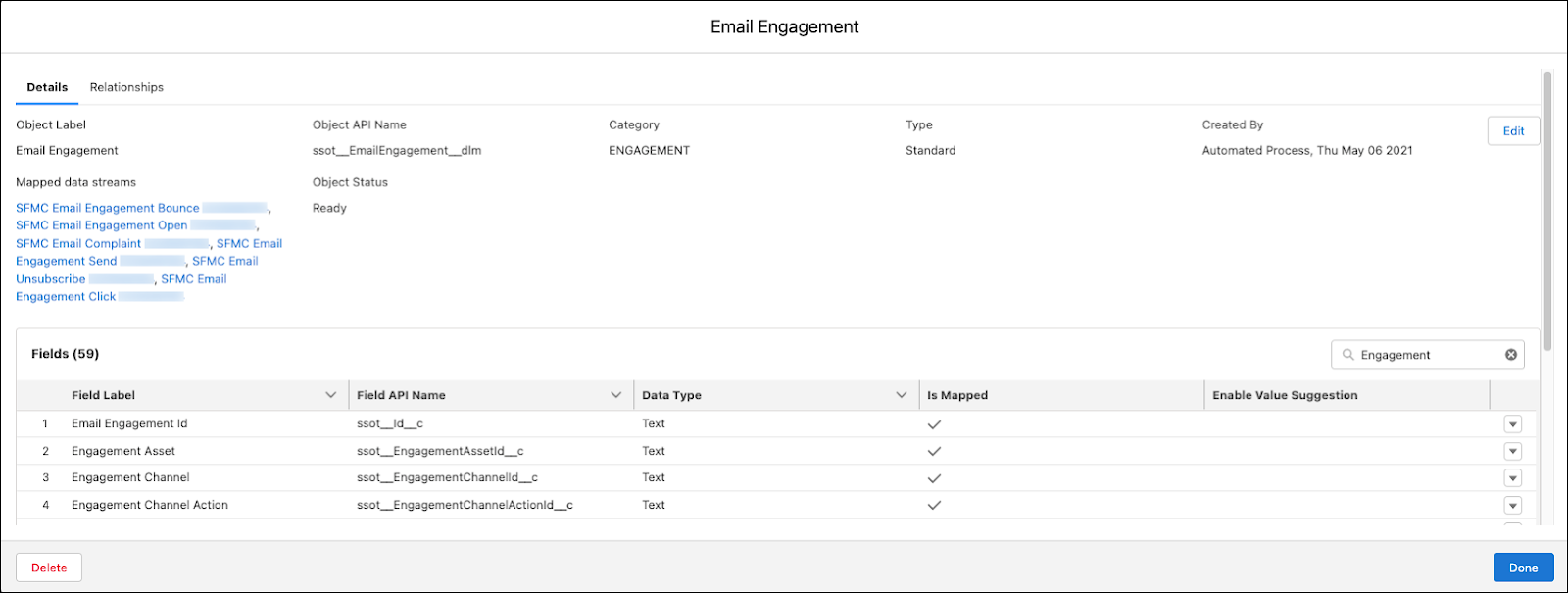 General information for Email Engagement data model object, including identifying data and related fields.