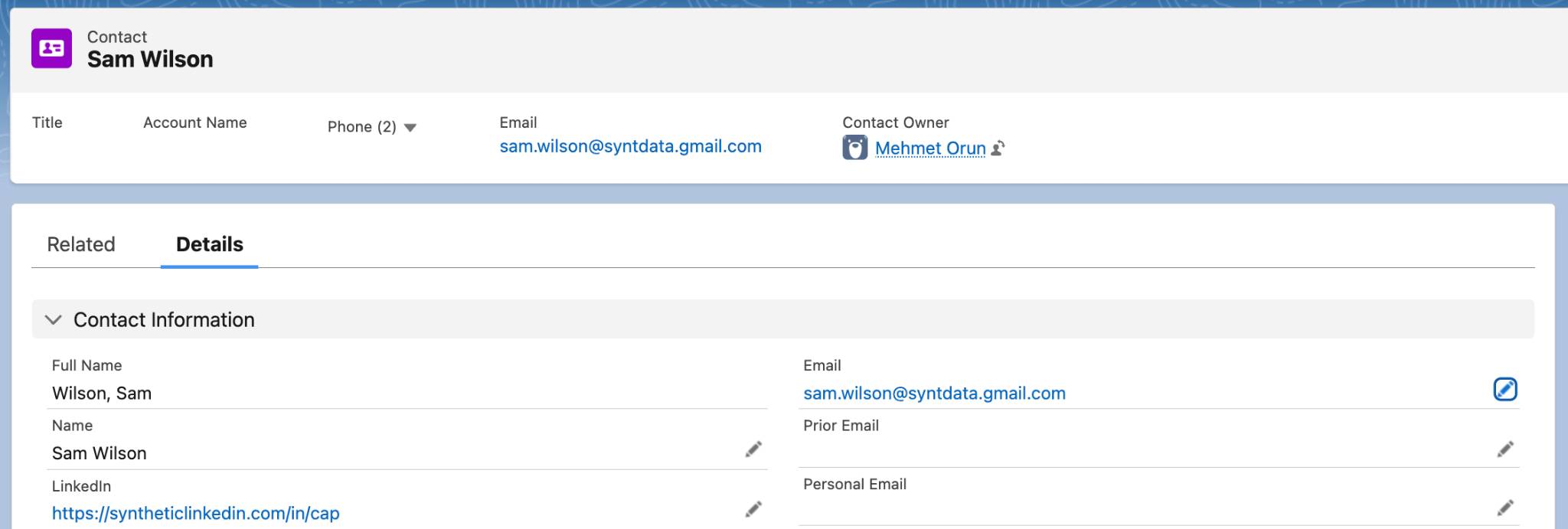 A second contact record for Sam Wilson with the name, LinkedIn, and one email field completed.