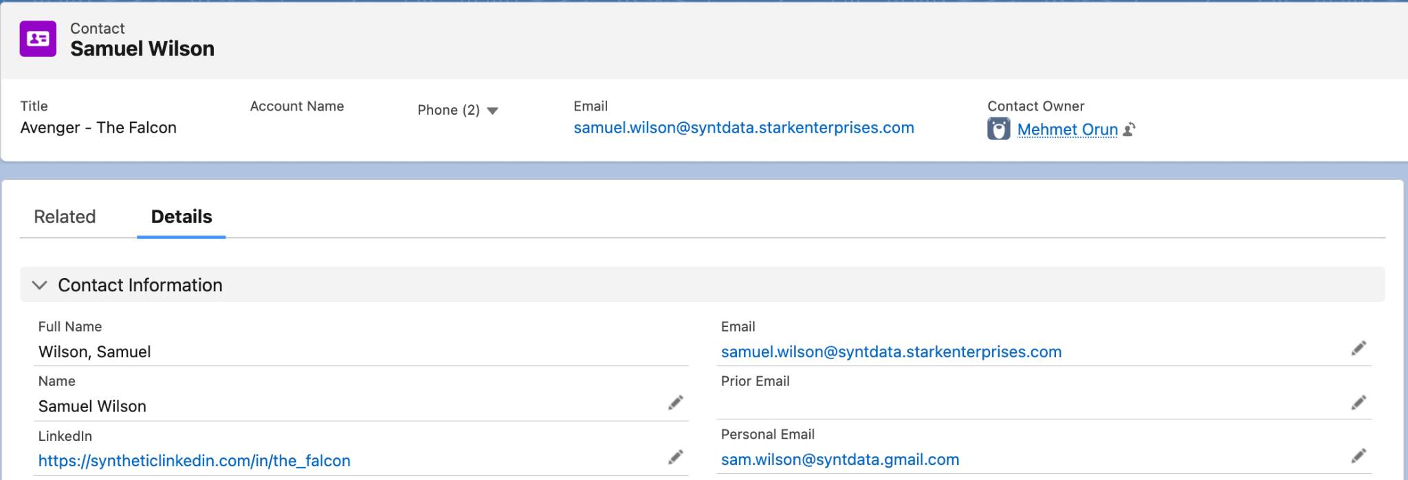 A contact record for Samuel Wilson with the name, LinkedIn, and two email fields completed.