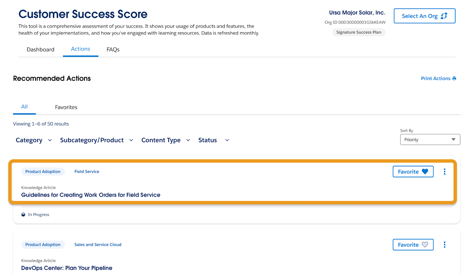 Recommended Actions page, with a Field Service recommendation highlighted, and showing where to ‘favorite’ a recommendation.