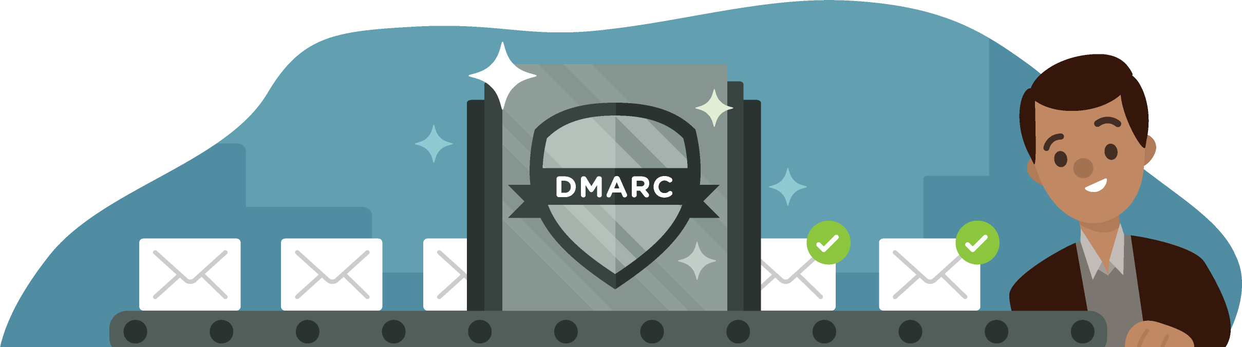 Una línea de producción de mensajes de email que atraviesan un proceso de DMARC y, luego, reciben una marca de verificación que demuestra a un destinatario feliz que fueron validados.