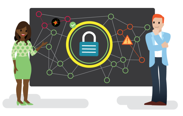 Image of a cybersecurity architect sharing and explaining a map of the IT infrastructure (including where a bug or alert may exist) with an incident responder.