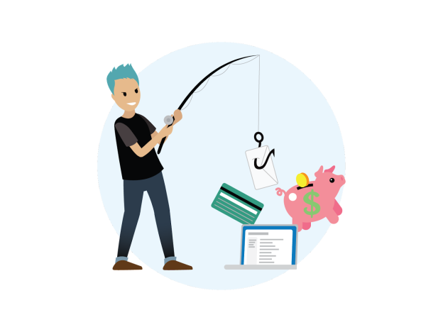 An attacker with a phishing rod stealing sensitive customer information out a laptop: an email, a piggy bank, and a credit card
