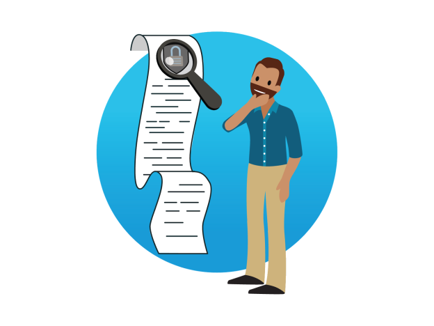Allen assesses the cybersecurity compliance posture of his financial institution, standing with a long list of rules with a shield and a magnifying glass at the top of it.